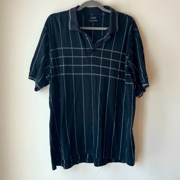 IZOD Double Mercerized Polo Shirt Black Gray Stripe | Y2K Prep Aesthetic L - Picture 1 of 11